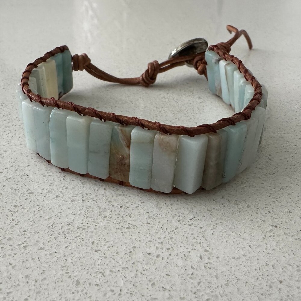 Artisan Light Blue Amazonite Beaded Leather Wrap Bracelet. Unisex - Picture 6 of 8